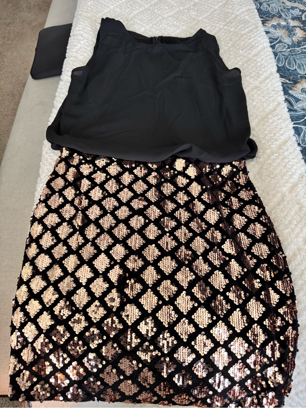 Black Top with Rose Gold Sequin Mini Skirt - Evening Party Dress